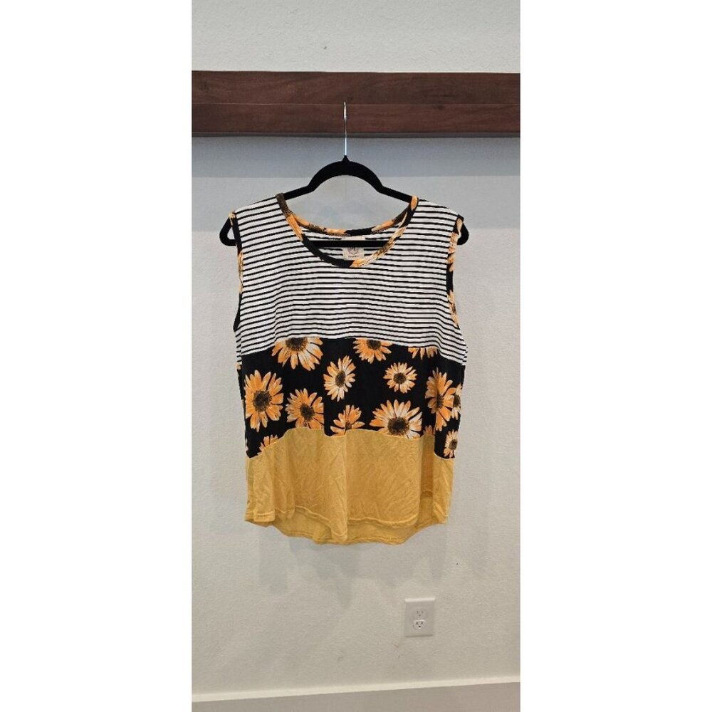 Grace & Emma Womens 2XL Striped & Floral Sleeveless Top Black/White/Yellow